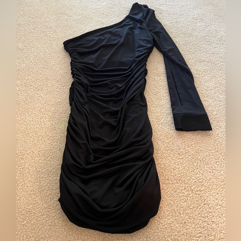 Emerald Sundae Black One-Shoulder Ruched Mini Dress Size M